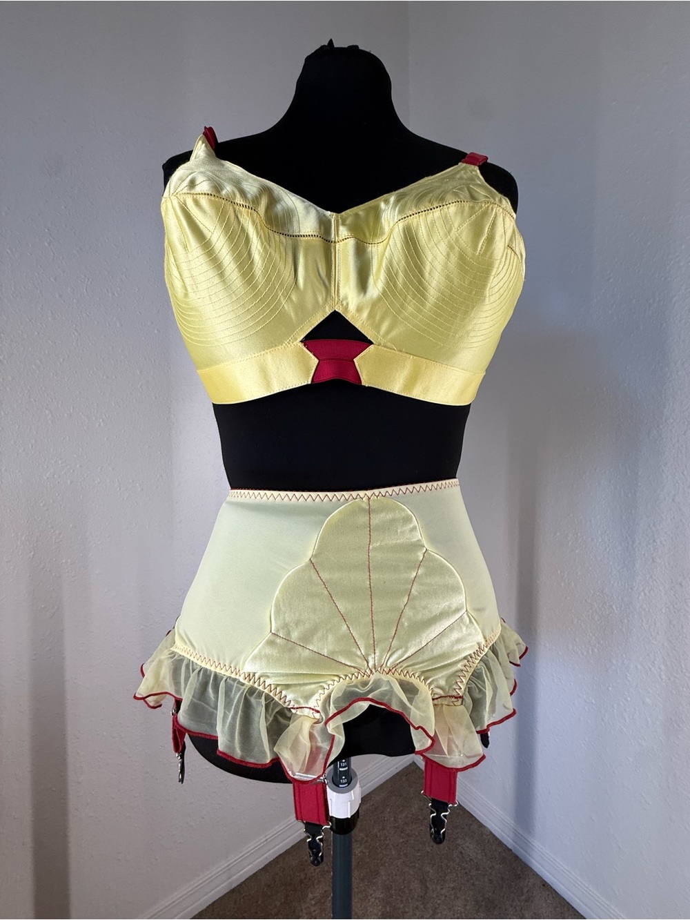 Secrets in lace lingerie garter belt and bullet bra. 38d
